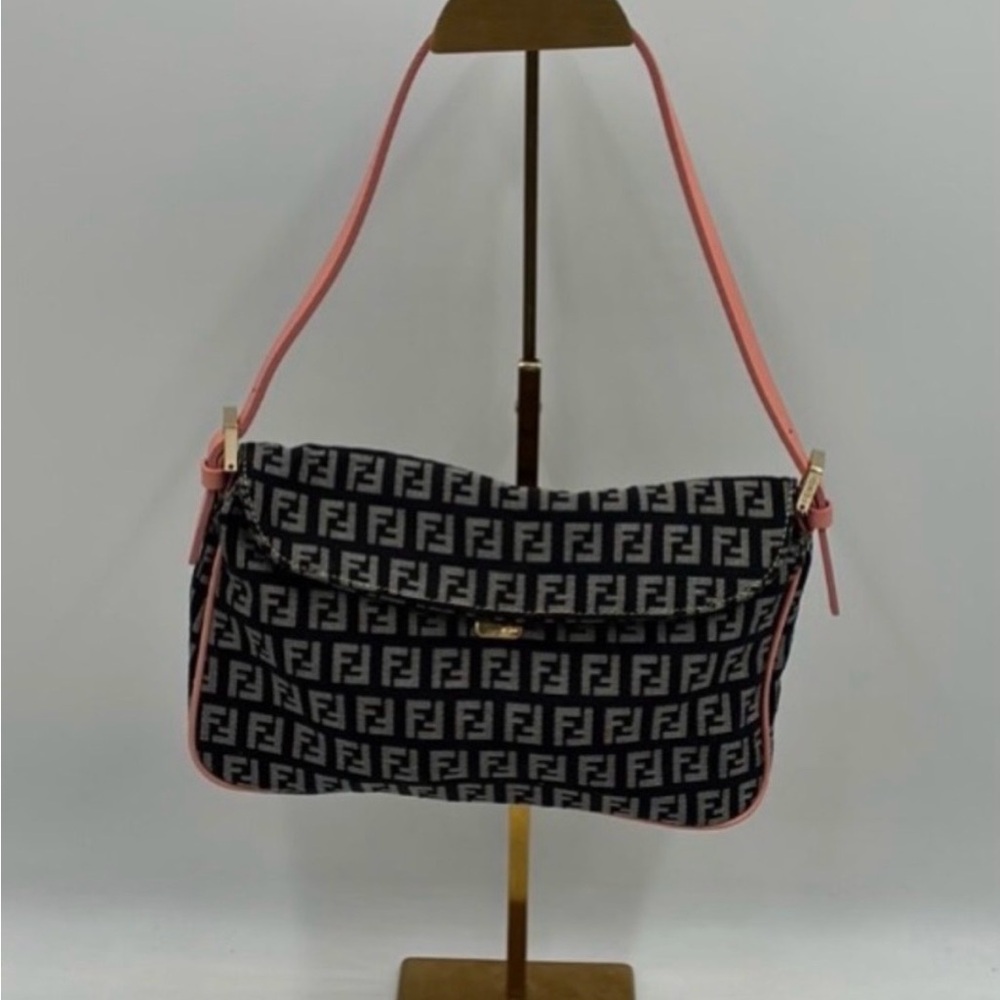 Fendi Monogram Black/ gray with pink leather trim Shoulder Bag